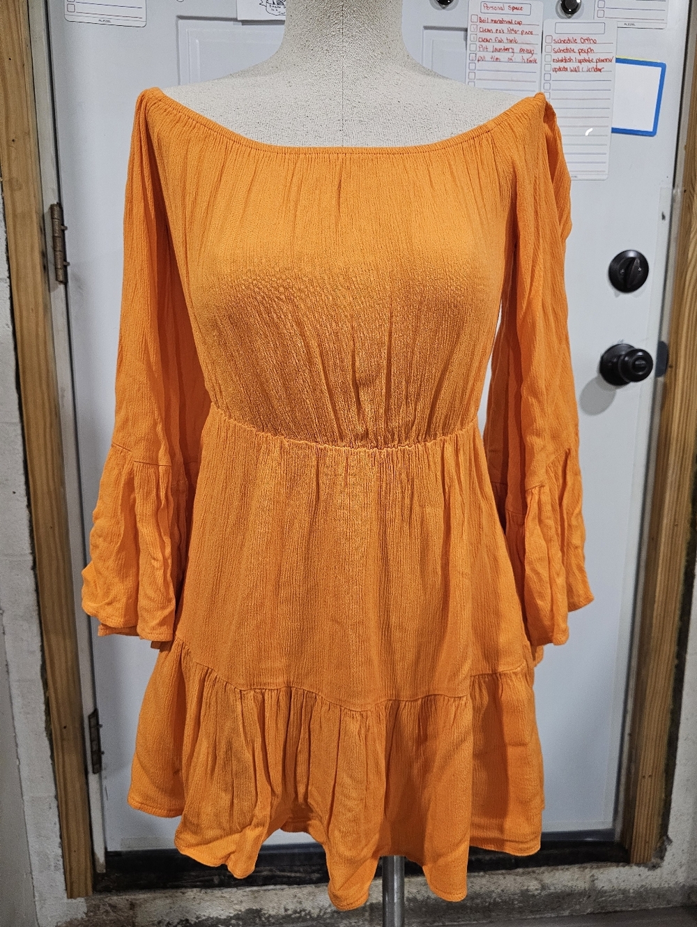 Missguided Orange Off The Shoulder, Bell Sleeve Tiered Mini Dress